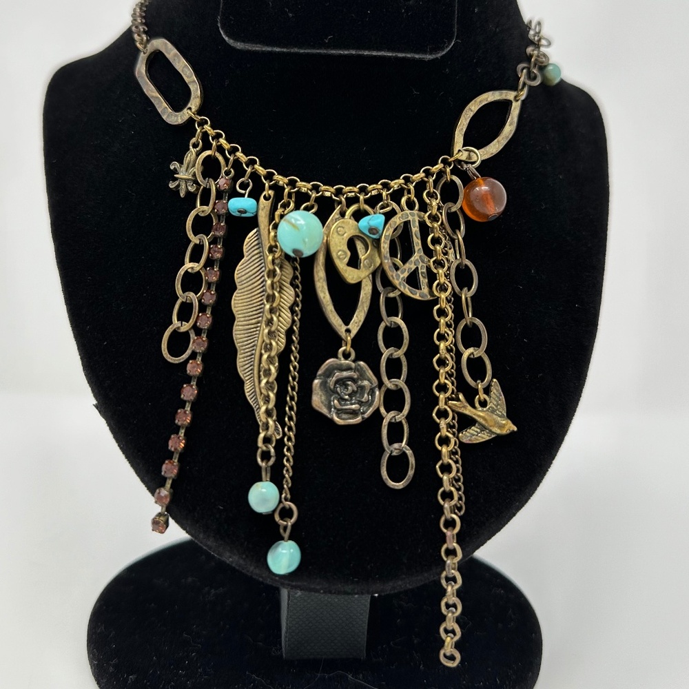 Vintage Brass Bohemian Treasure Necklace Peace Sign Feather Rose Turquoise Beads